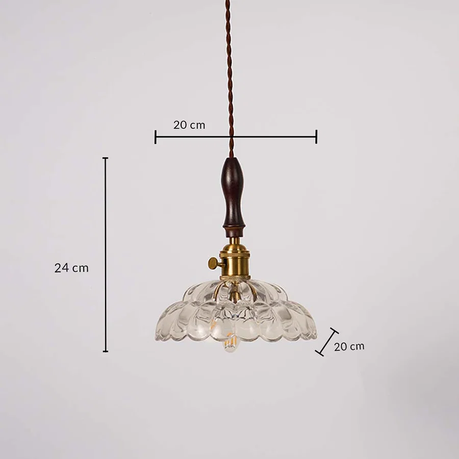 Clear scalloped glass and brass pendant light dimension image with 20 cm width and 24 cm height for elegant dining placement.
