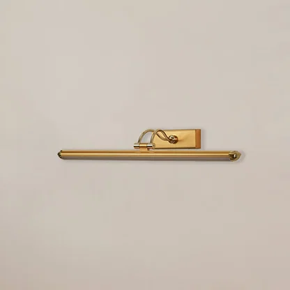 Gold adjustable picture light with light off shown on white background perfect for wall art lighting in living rooms and hallways.