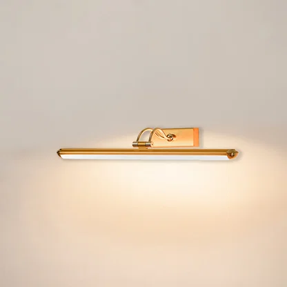 Contemporary wall light in gold metal finish with linear bar design for bathroom or vanity decor lighting white background.