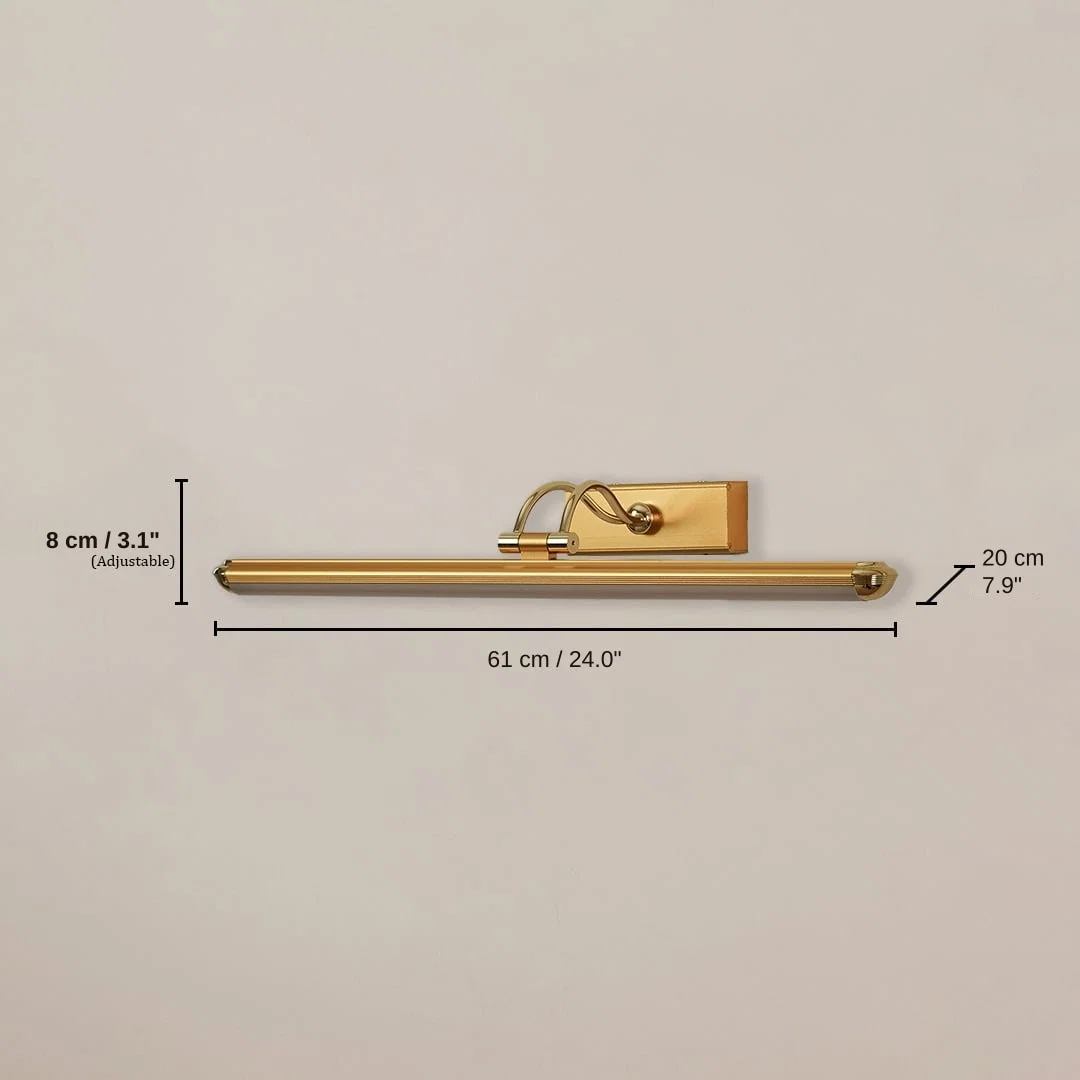 Gold adjustable picture light, base 8 x 61 x 20 cm (3.1 x 24.0 x 7.9 inches), canopy 16 x 6 cm (6.3 x 2.4 inches) dimensions