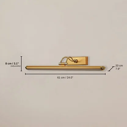 Gold adjustable picture light, base 8 x 61 x 20 cm (3.1 x 24.0 x 7.9 inches), canopy 16 x 6 cm (6.3 x 2.4 inches) dimensions