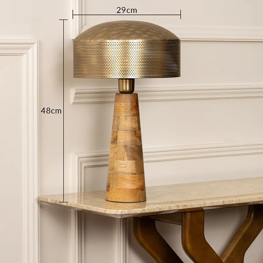 Wood grain table lamp with ribbed metal shade measuring 48 cm height and 29 cm width for modern interior lighting.