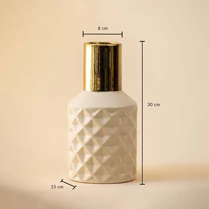 Dimension image of cream beige ceramic vase with a raised diamond textured pattern and a shiny metallic gold neck 30 cm height and 15 cm width.