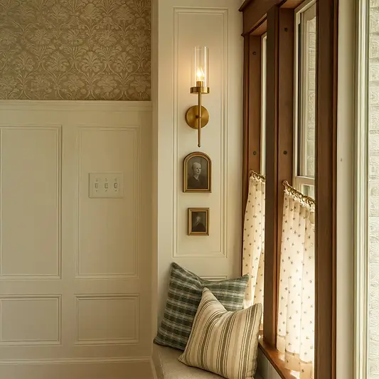 Lifestyle image of modern cylindrical glass golden lighting fixture for elegant room decor styling with sleek finish.