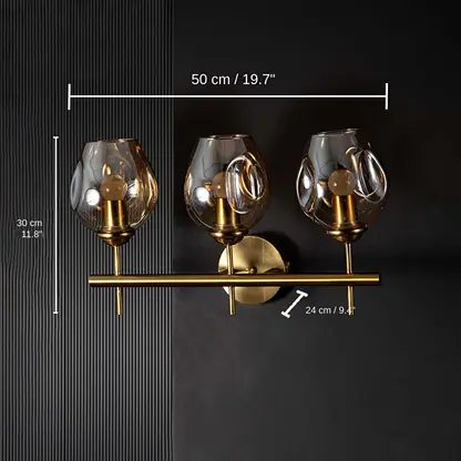Modern Triple Lights Metal Glass Vanity Light, base 30 x 21 x 24 cm (11.8 x 8.3 x 9.4 inches), canopy 10 x 10 cm (3.9 x 3.9 inches) dimensions