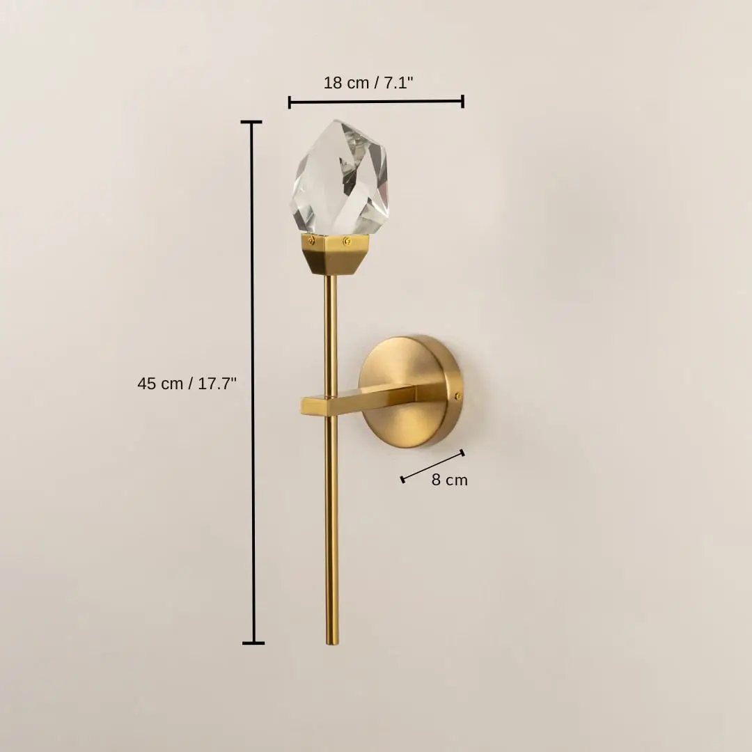 Crystal glass wall lamp with gold base, 45 x 18 x 8 cm (17.7 x 7.1 x 3.1 inches) dimensions