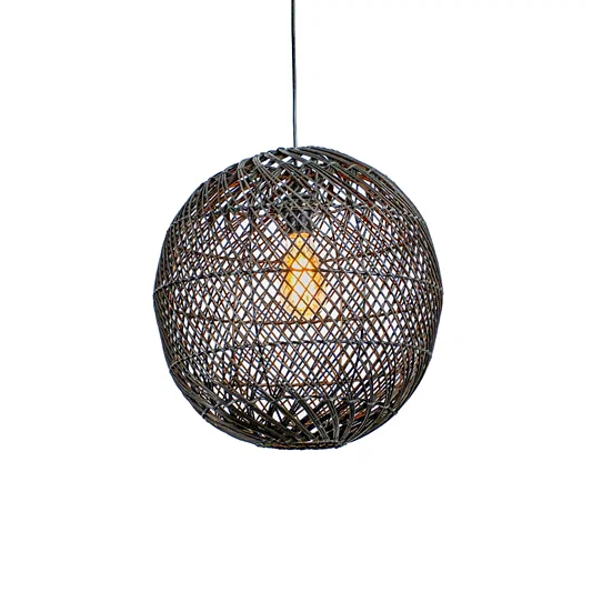 Spherical black metal pendant light with intricate woven mesh texture and visible bulb hanging against minimal neutral wall background for stylish decor.