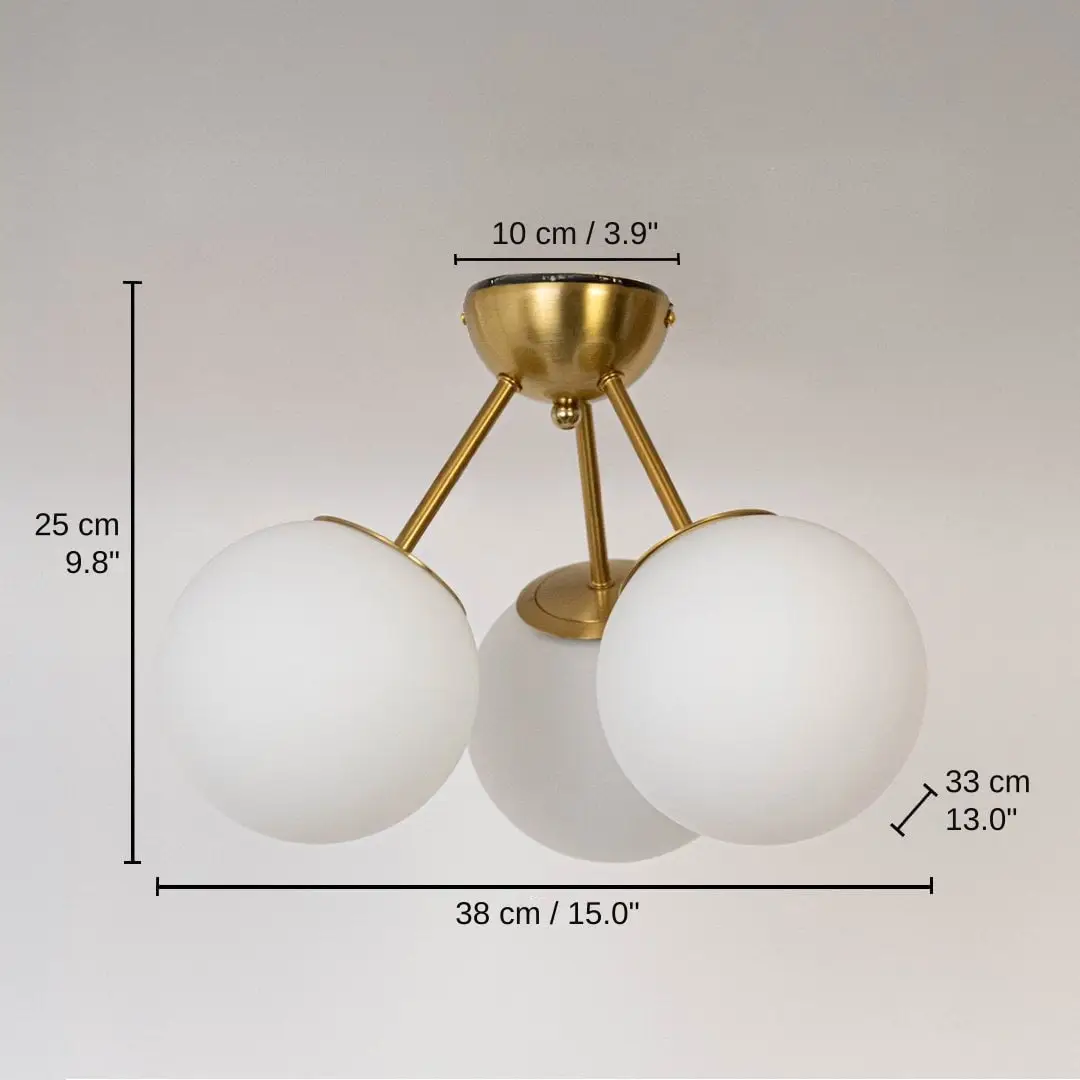 Gold ceiling light with frosted glass globes, base 25 x 38 x 33 cm (9.8 x 15.0 x 13.0 inches), canopy 10 x 10 cm (3.9 x 3.9 inches) dimensions
