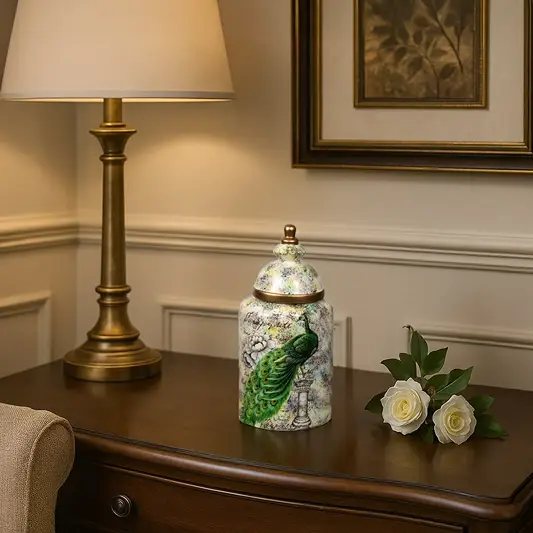 Peacock-themed decorative jar placed on a wooden console beside a gold lamp and white roses adding elegance to interior decor.