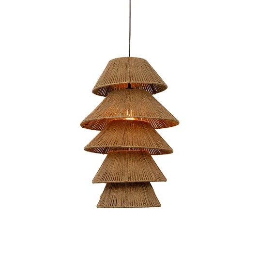 Natural jute pendant light shade with layered tiered design and handcrafted texture for coastal ceiling lighting decor.