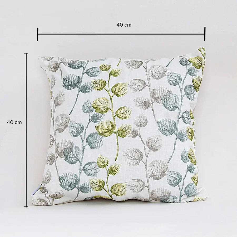 Soft cotton cushion cover with green and grey botanical embroidery displayed with visible dimensions of 40 cm by 40 cm providing a calm nature inspired décor touch with a breathable skin friendly fabric.