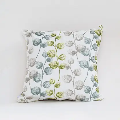 White cotton cushion cover with green berry botanical print for sofa bedroom seating and fresh modern home decor styling.