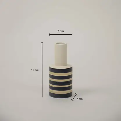 Striped ceramic vase with dimensions labeled 15 cm height and 7 cm width perfect size for tabletop styling or as a decorative accent.