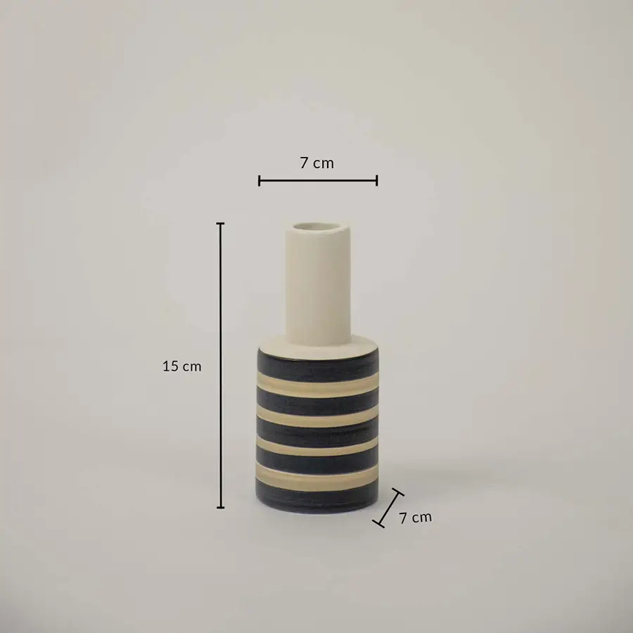 Striped ceramic vase with dimensions labeled 15 cm height and 7 cm width perfect size for tabletop styling or as a decorative accent.