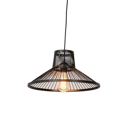 Black metal pendant light with wide shallow cone cage design and visible warm bulb hanging against soft neutral wall background for industrial decor.