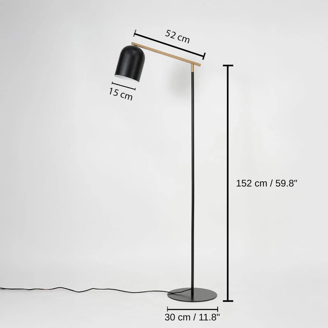 Black and gold floor lamp, 152 x 15 x 52 cm (59.8 x 5.9 x 20.5 inches), base 30 x 30 cm (11.8 x 11.8 inches) dimensions