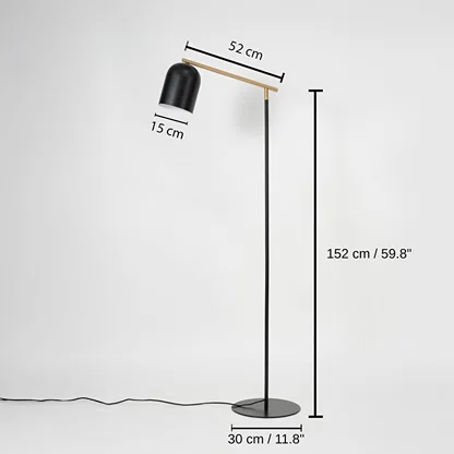 Black and gold floor lamp, 152 x 15 x 52 cm (59.8 x 5.9 x 20.5 inches), base 30 x 30 cm (11.8 x 11.8 inches) dimensions