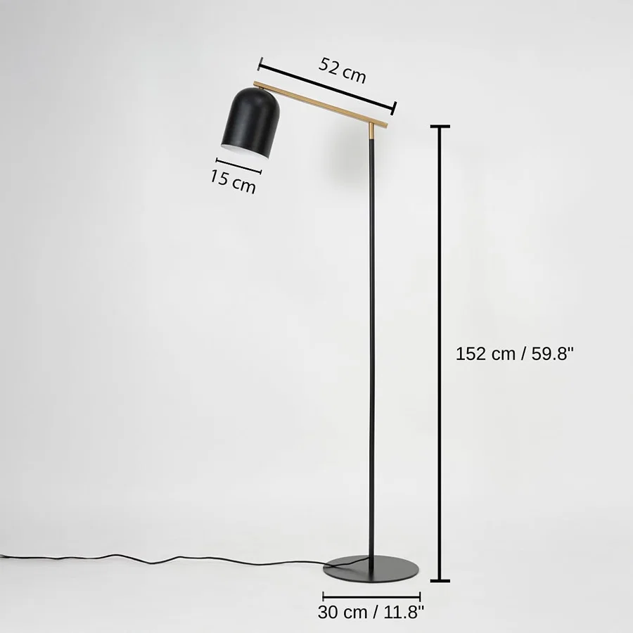 Black and gold floor lamp, 152 x 15 x 52 cm (59.8 x 5.9 x 20.5 inches), base 30 x 30 cm (11.8 x 11.8 inches) dimensions