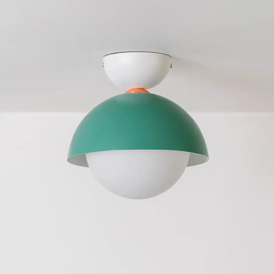 Ceiling light displayed off on a white background with a green dome shade and a simple round white globe.