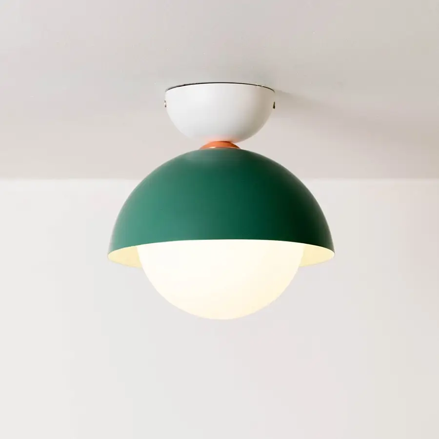 Modern green metal ceiling light with white glass diffuser for elegant hallway and Scandinavian decor spaces.