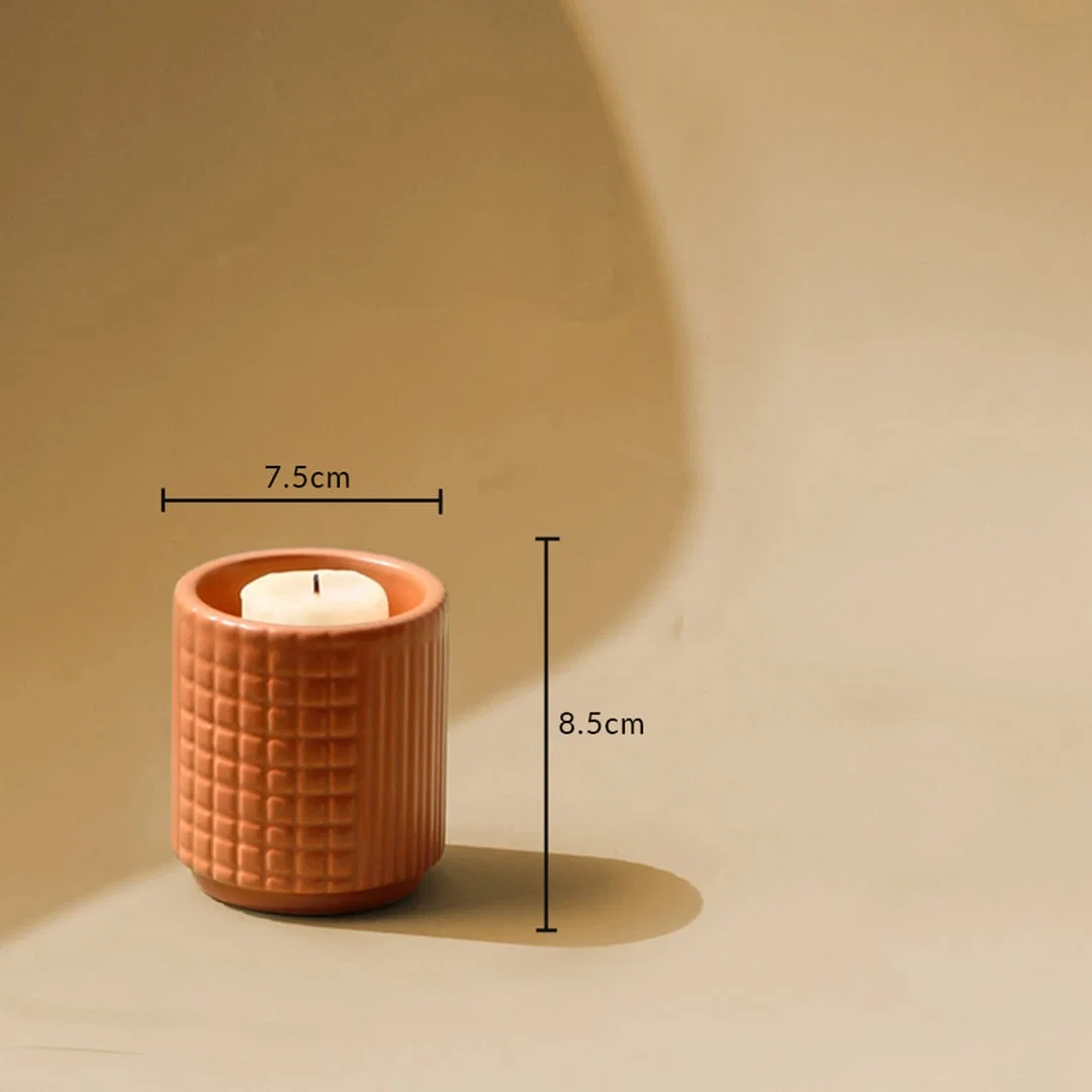 Terracotta ceramic candle holder with 8.5 cm height and 7.5 cm width shown clearly for accurate size and home decor detailing.