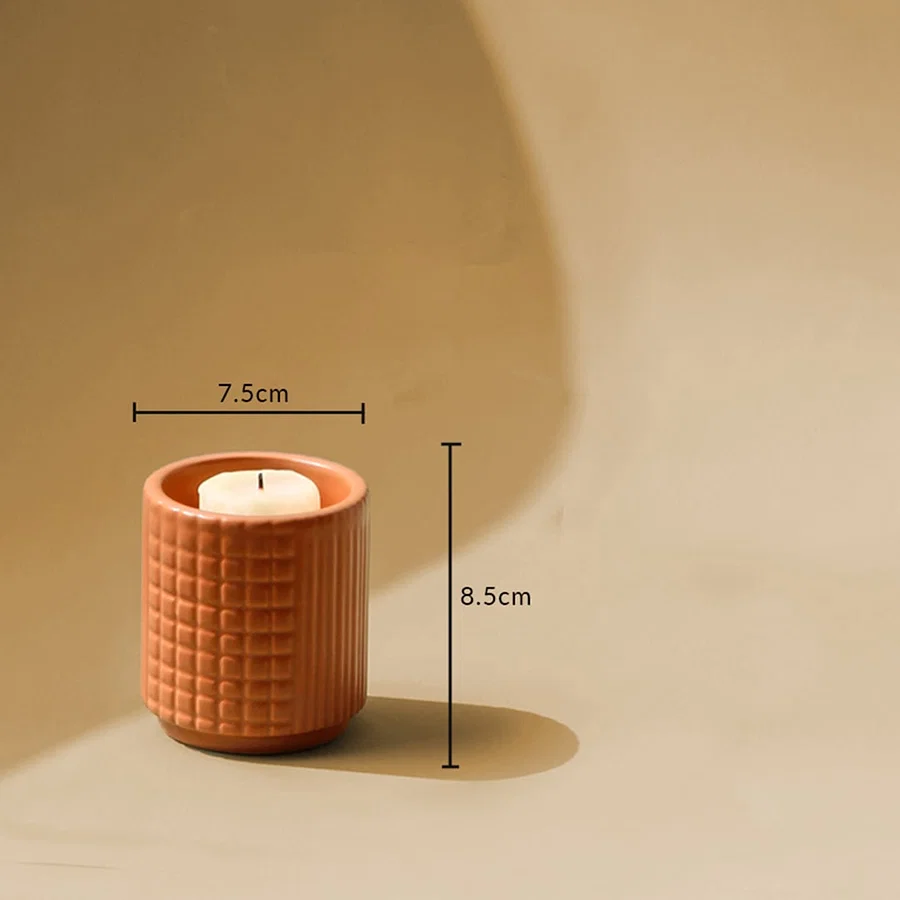 Terracotta ceramic candle holder with 8.5 cm height and 7.5 cm width shown clearly for accurate size and home decor detailing.