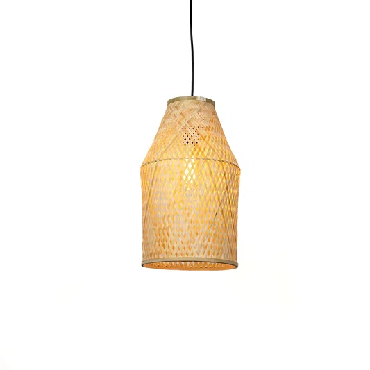 Woven rattan bottle pendant light with warm glow natural hanging lamp for living room bedroom boho decor lighting.