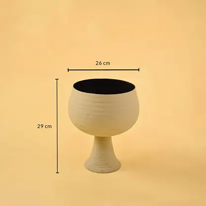 Cream metal pedestal bowl decor with width 26 cm and height 29 cm shown clearly for accurate size reference.