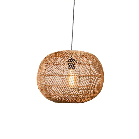 Round rattan pendant light with tight woven texture and warm glow bulb hanging against minimal neutral wall background for cozy contemporary interiors.