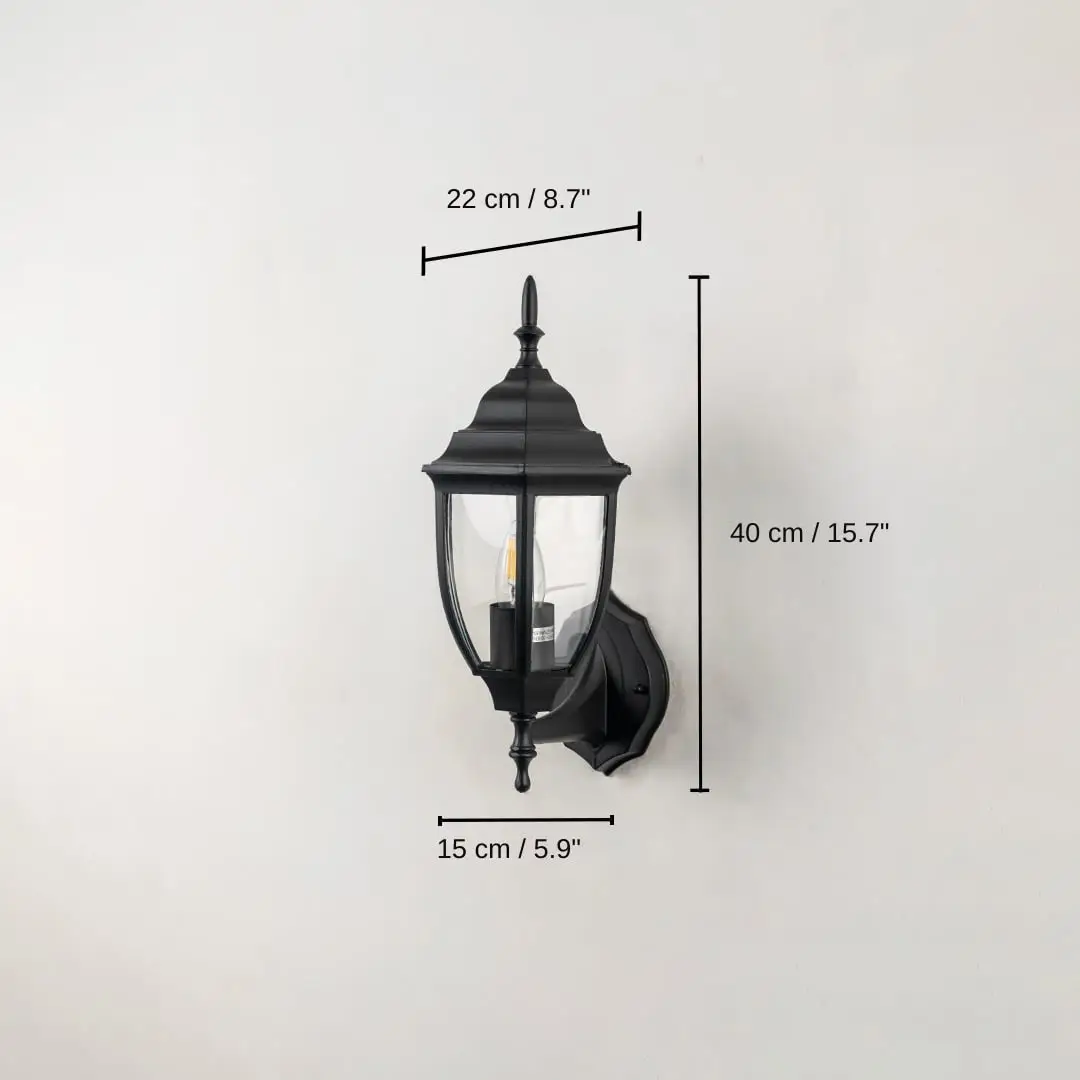 Black metal outdoor wall light, 15 x 22 x 40 cm (5.9 x 8.7 x 15.7 inches) dimensions