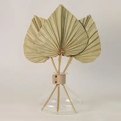 Dried palm leaves arranged in a modern glass vase adding a natural earthy touch to minimalist home decor styling.