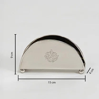Brass napkin holder shown with labeled size 9 cm height 15.5 cm width and 4.5 cm depth on white background.