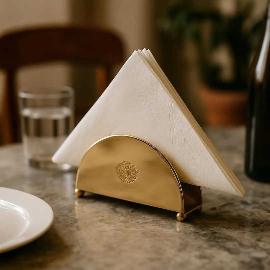 Modern gold brass napkin holder with ball feet holding white paper napkins on a grey marble table next to a water glass for dining.