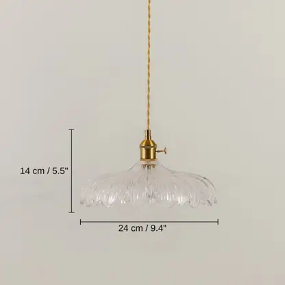 Clear feather glass and brass pendant light, 14 x 24 x 24 cm (5.5 x 9.4 x 9.4 inches) dimensions