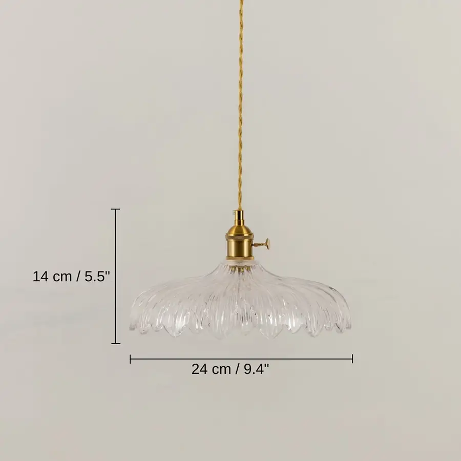 Clear feather glass and brass pendant light, 14 x 24 x 24 cm (5.5 x 9.4 x 9.4 inches) dimensions