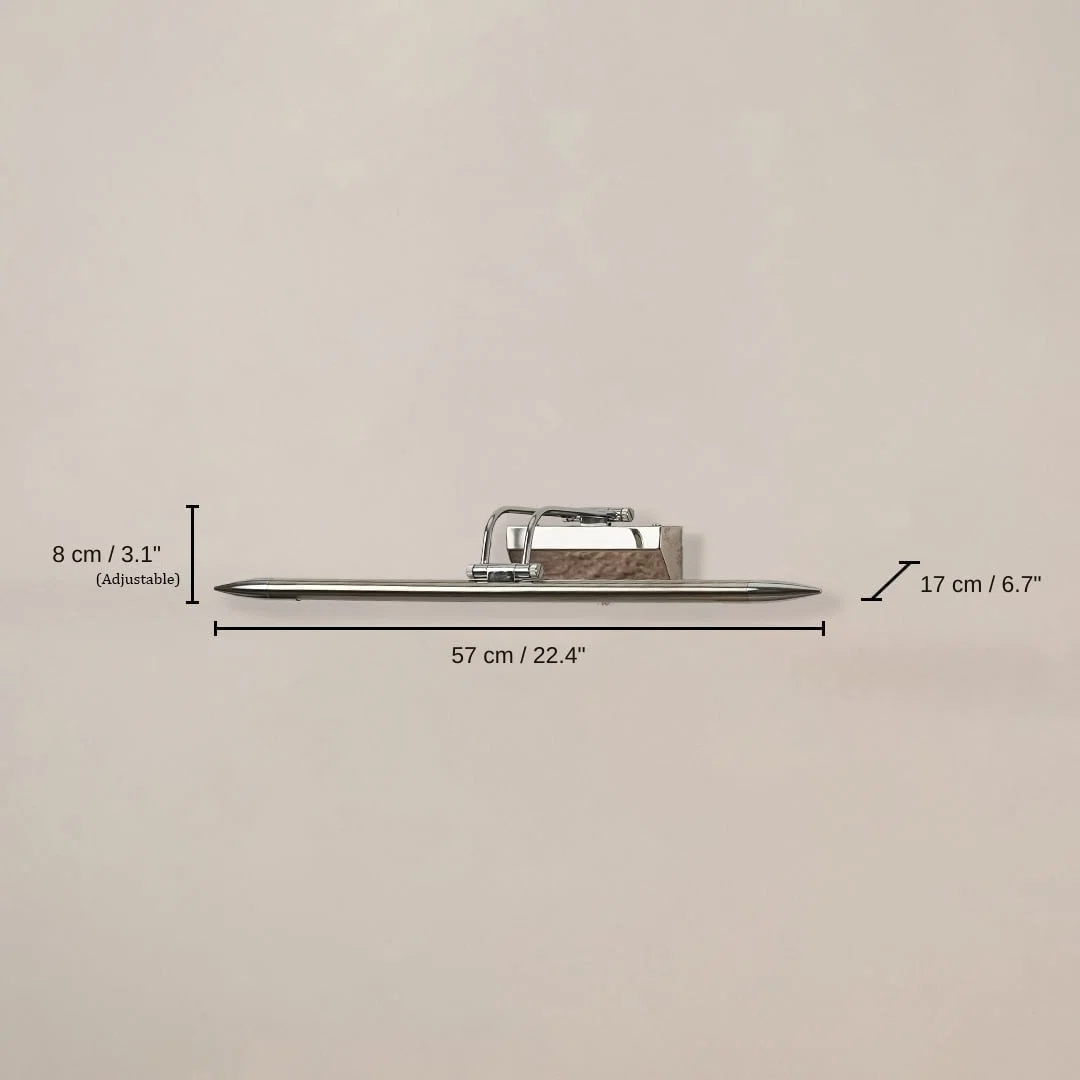 Chrome metal picture light, base 8 x 57 x 17 cm (3.1 x 22.4 x 6.7 inches), canopy 16 x 6 cm (6.3 x 2.4 inches) dimensions