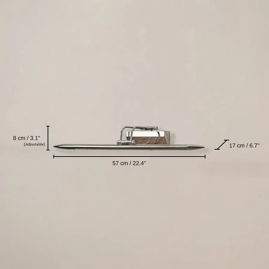 Chrome metal picture light, base 8 x 57 x 17 cm (3.1 x 22.4 x 6.7 inches), canopy 16 x 6 cm (6.3 x 2.4 inches) dimensions