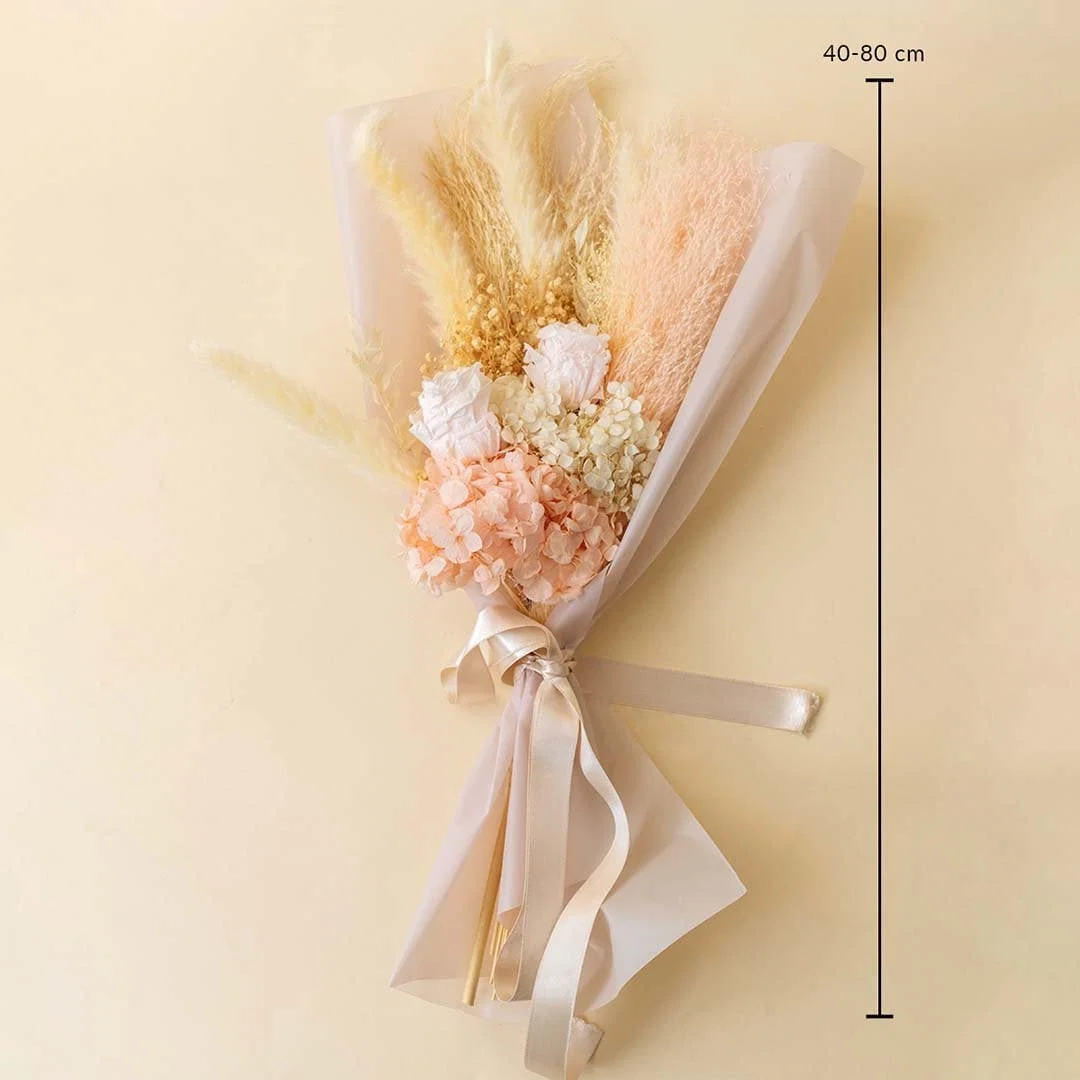 Preserved dried flower bouquet dimensions 40 to 80 cm height with pampas grass infinity rose hydrangea and baby breath.