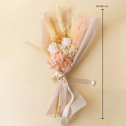 Preserved dried flower bouquet dimensions 40 to 80 cm height with pampas grass infinity rose hydrangea and baby breath.