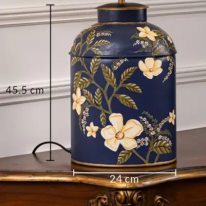 Table lamp dimension image showing dark blue floral ceramic base with height and width measurements clearly marked.