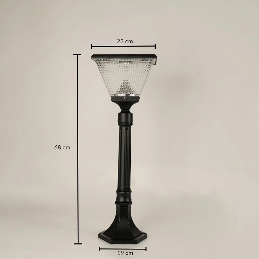A black outdoor pathway lamp shown on a white background with height marked as 68 cm top width 23 cm and base width 19 cm providing clear size reference for placement.