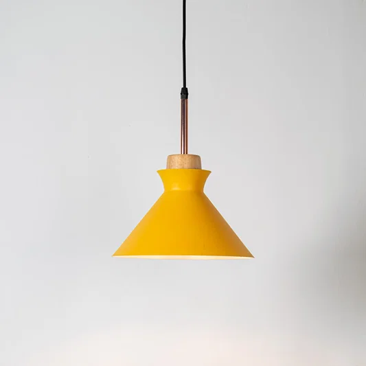 Yellow metal pendant light with natural wood accents and minimalist cone design for contemporary ceiling lighting decor.