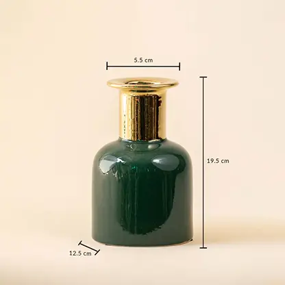 Green ceramic vase with gold neck and rim shown with measurements of 19 cm height 12 cm width and 5 cm top diameter for accurate sizing.