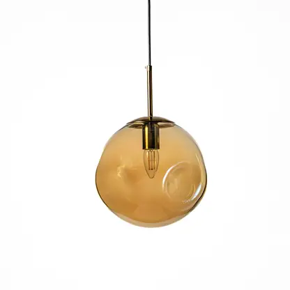 Amber glass globe pendant light with sleek black metal accents crafted for modern living spaces.