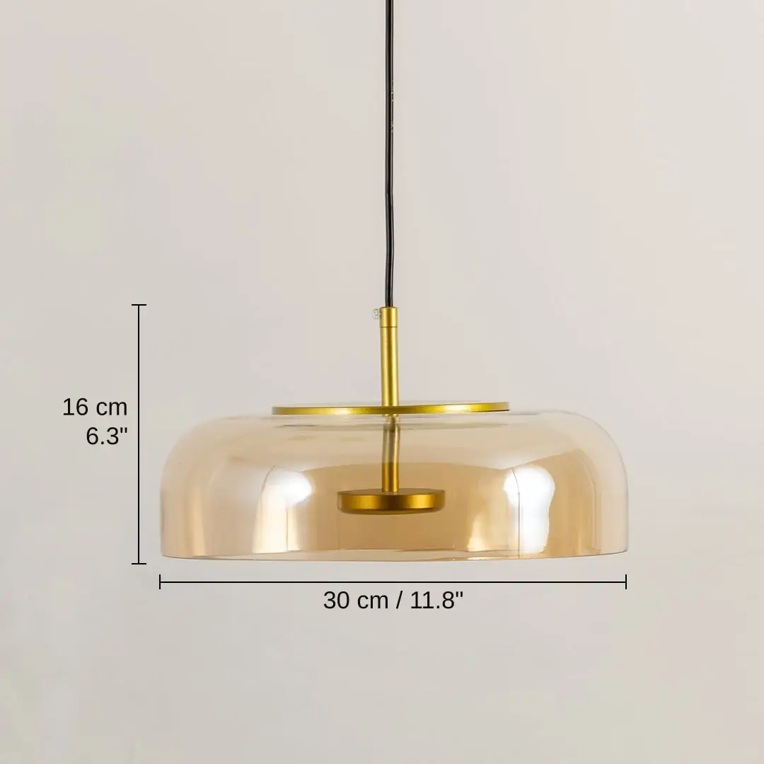 Amber glass and gold metal pendant light, 16 x 30 x 30 cm (6.3 x 11.8 x 11.8 inches) dimensions