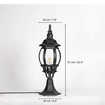 Black outdoor gate light, 57 x 20 x 16 cm (22.4 x 7.9 x 6.3 inches) dimensions