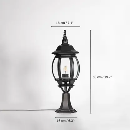 Outdoor black pillar lamp with round glass, 50 x 18 x 16 cm (19.7 x 7.1 x 6.3 inches) dimensions