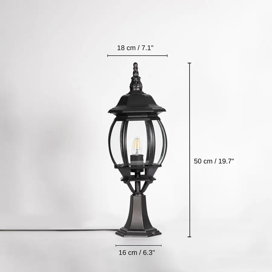 Outdoor black pillar lamp with round glass, 50 x 18 x 16 cm (19.7 x 7.1 x 6.3 inches) dimensions