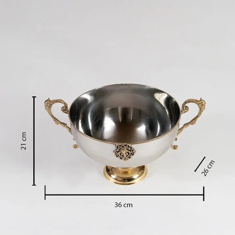 A silver metal fruit bowl with golden detailing shown on a white background measuring 22 cm in width 22 cm in depth and 11 cm in height providing clear product dimensions.