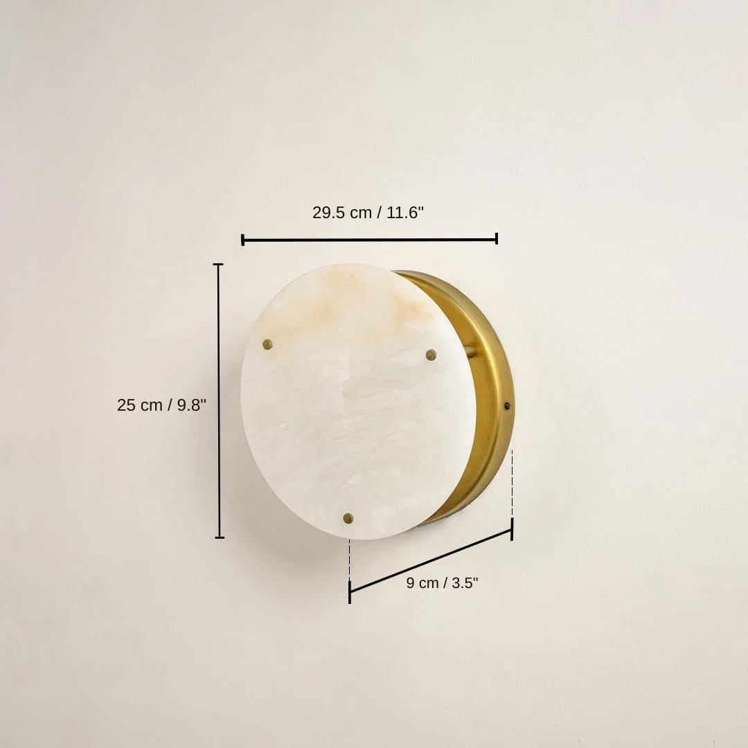 Round wall light with white stone disc and gold metal rim, 25 x 29.5 x 9 cm (9.8 x 11.6 x 3.5 inches) dimensions